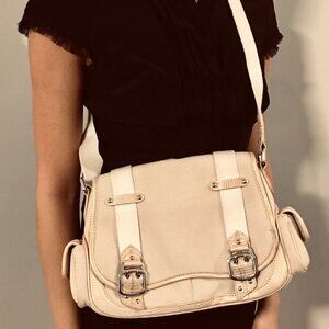 COLE HAAN Amanda Canvas Tan Gold Lizard Embossed Leather Bag Adjustable Strap